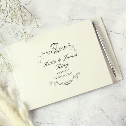 Ornate Swirl Wedding Hardback Guest Book & Pen - Personalised