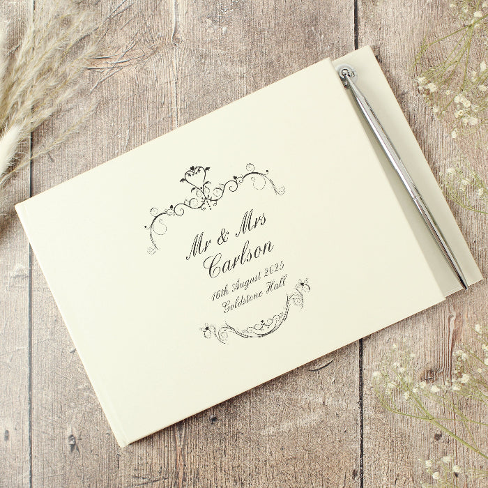Ornate Swirl Wedding Hardback Guest Book & Pen - Personalised