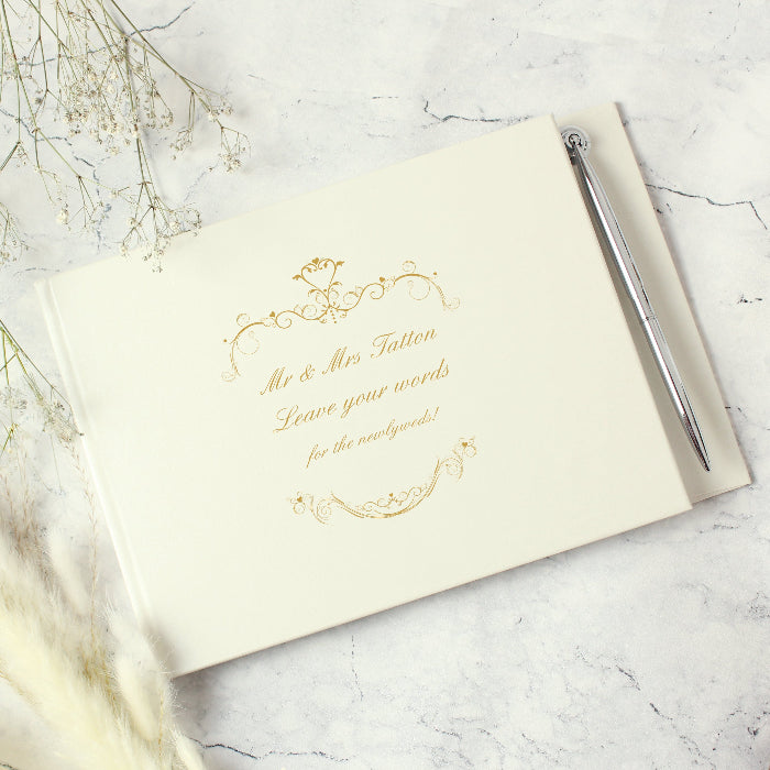 Personalised Gold Ornate Wedding Guest Book & Pen