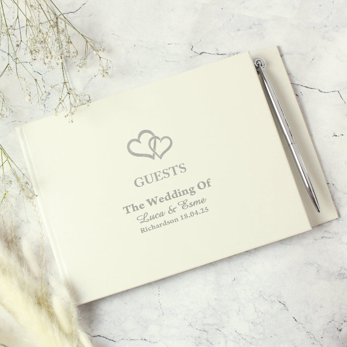 Personalised Hearts Wedding Hardback Guest Book & Pen