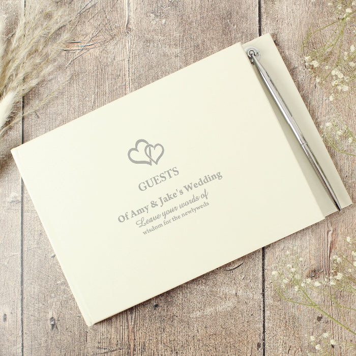 Personalised Hearts Wedding Hardback Guest Book & Pen