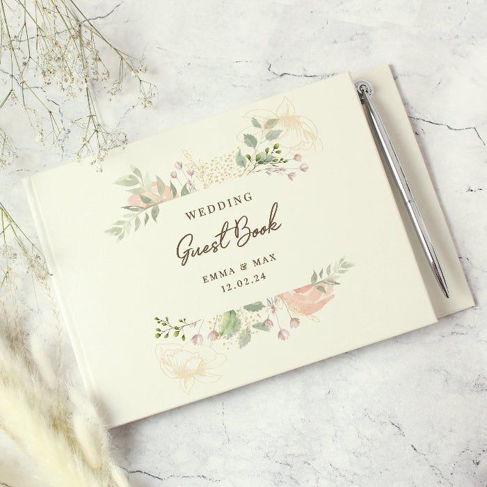 Personalised Floral Watercolour Wedding Hardback Guest Book & Pen