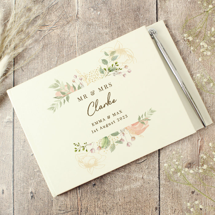 Personalised Floral Watercolour Wedding Hardback Guest Book & Pen