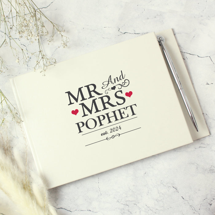 Personalised Mr & Mrs Wedding Hardback Guest Book & Pen