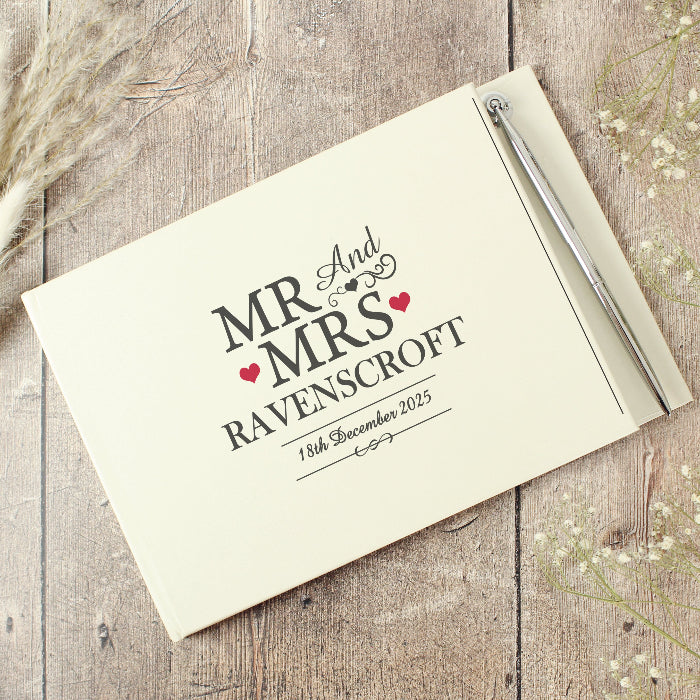 Personalised Mr & Mrs Wedding Hardback Guest Book & Pen