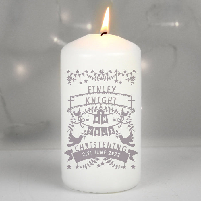 Personalised Grey Papercut Style Christening Pillar Candle