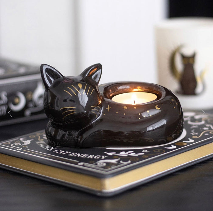 Mystical Black Cat Magick Curled Cat Tealight Holder