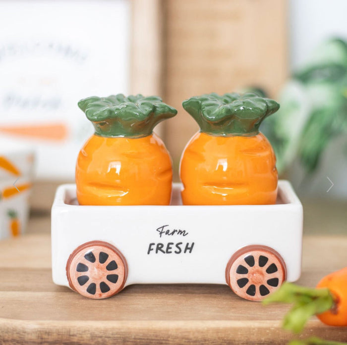 Carrot Salt and Pepper Shakers in Wagon Set