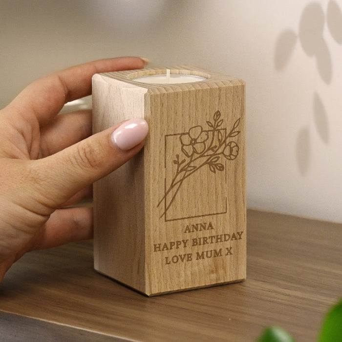 Personalised Floral Bouquet Birthday Wooden Tealight Candle Holder