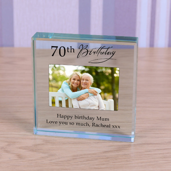 Bespoke 70th Birthday Photo Upload Glass Block - Paperweight