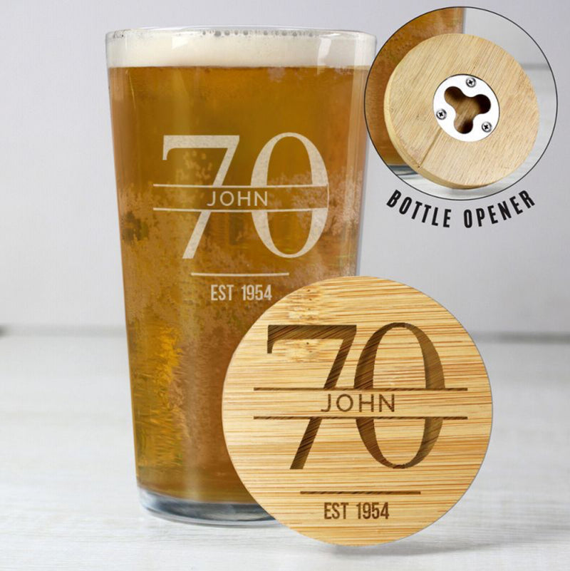 Personalised 70th Birthday Pint Glass & Bamboo Bottle Opener Coaster Gift Set