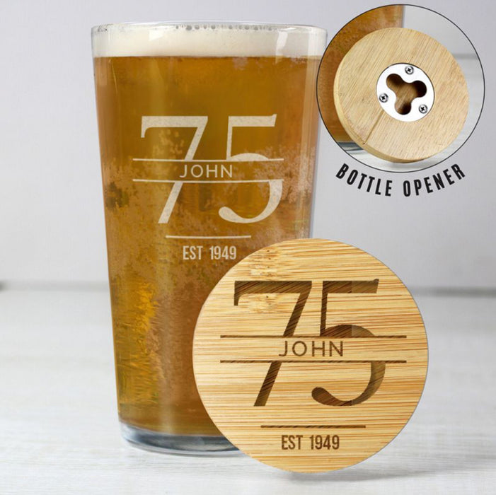 Personalised 75th Birthday Pint Glass & Bamboo Bottle Opener Coaster Gift Set