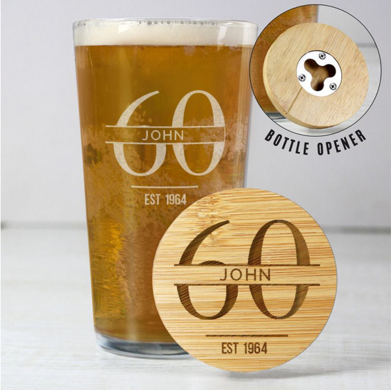 Personalised 60th Birthday Pint Glass & Bamboo Bottle Opener Coaster Gift Set