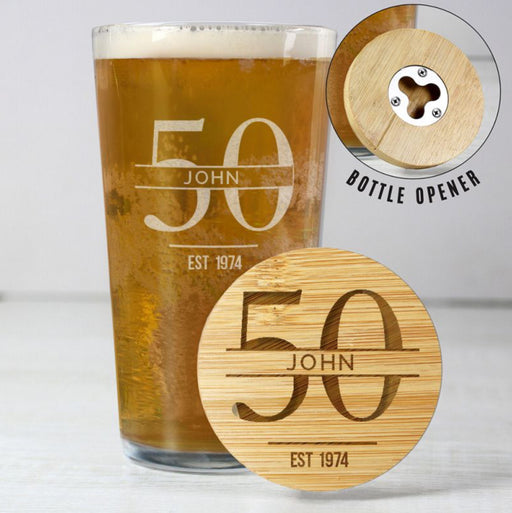 Personalised 50th Birthday Pint Glass & Bamboo Bottle Opener Coaster Gift Set