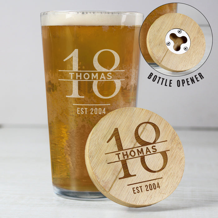 Personalised 18th Birthday Pint Glass & Bamboo Bottle Opener Coaster Gift Set