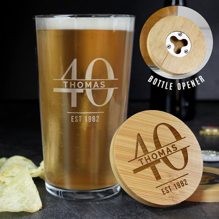 Personalised 40th Birthday Pint Glass & Bamboo Bottle Opener Coaster Gift Set