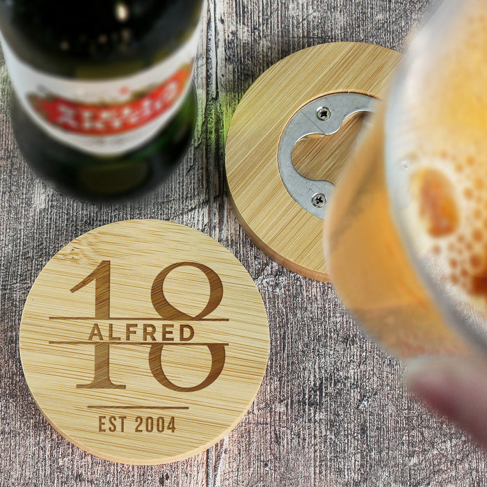 Personalised 18th Birthday Pint Glass & Bamboo Bottle Opener Coaster Gift Set