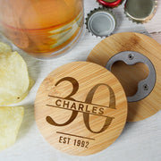 Personalised 30th Birthday Pint Glass & Bamboo Bottle Opener Coaster Gift Set