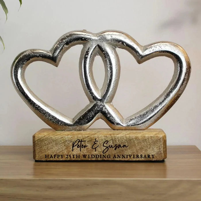 Personalised 25th Anniversary Double Heart Wooden Ornament Gift