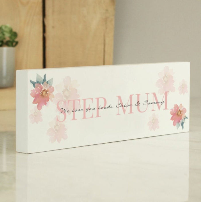 Personalised Step Mum Floral Wooden Mantel Decoration