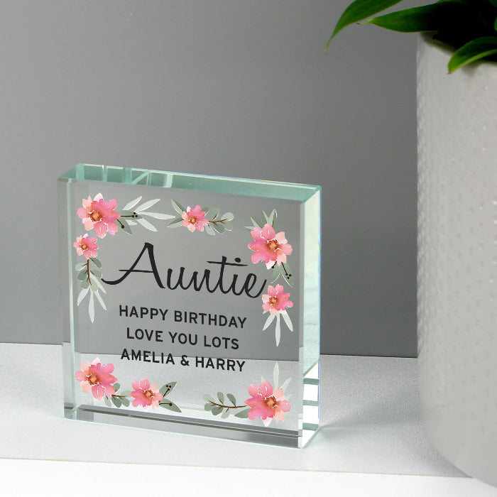 Personalised Auntie Crystal Glass Gift Plaque - Floral