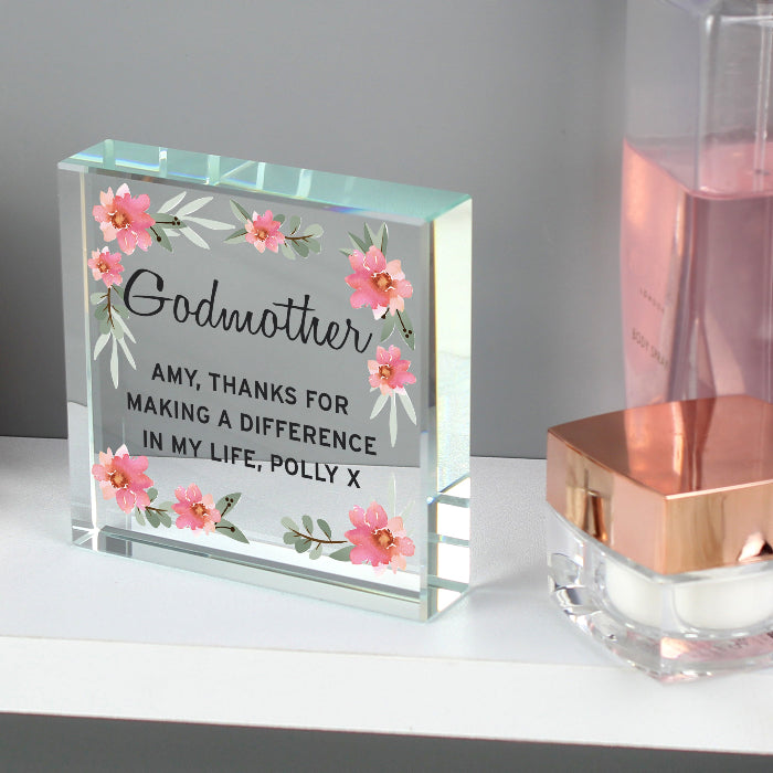 Personalised Godmother Crystal Glass Gift Plaque - Floral