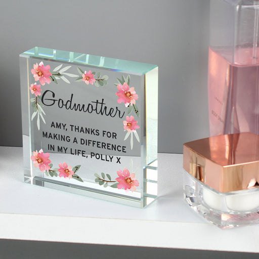 Personalised Godmother Crystal Glass Gift Plaque - Floral