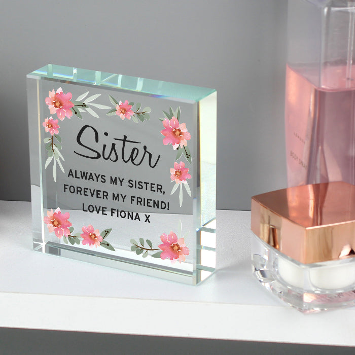Personalised Sister Crystal Glass Gift Plaque - Floral