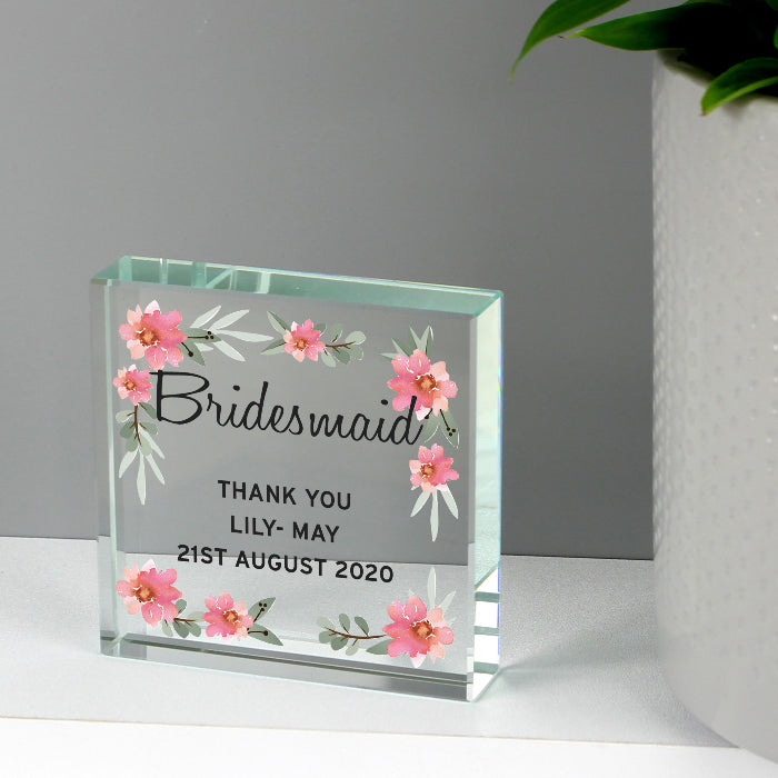 Personalised Bridesmaid Crystal Glass Gift Plaque - Floral
