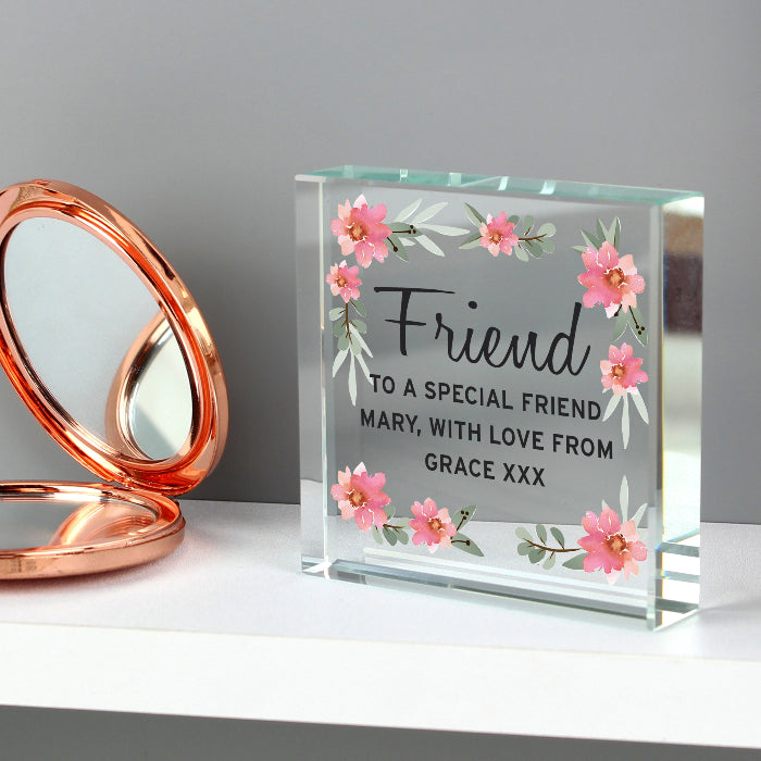 Personalised Friend Crystal Glass Gift Plaque - Floral