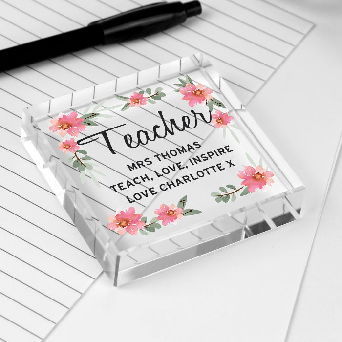 Personalised Teacher Crystal Glass Gift Plaque - Floral