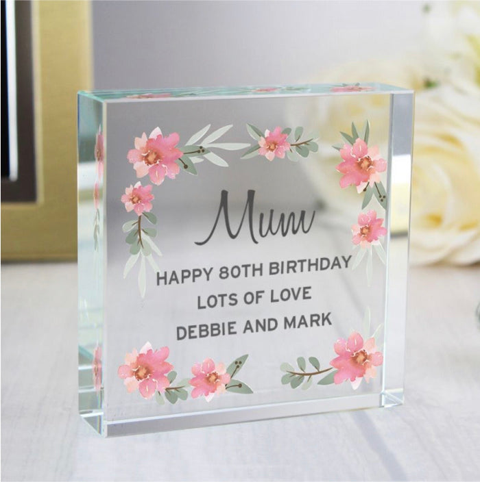 Personalised 90th Birthday Crystal Glass Gift Plaque - Floral