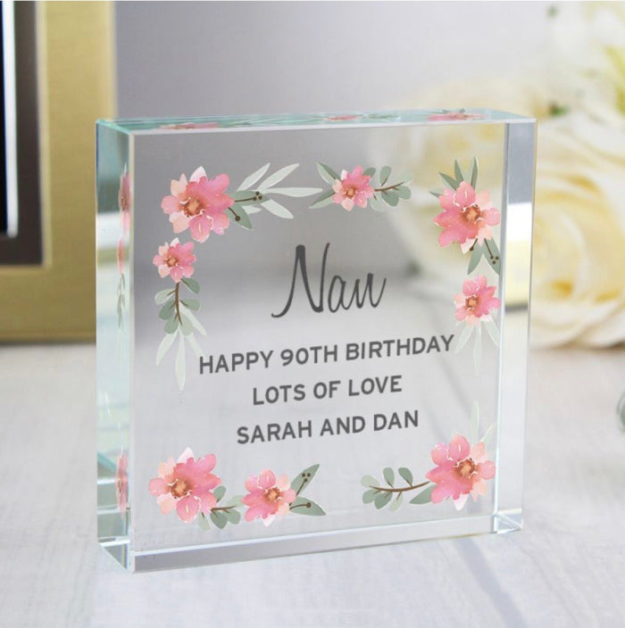 Personalised 80th Birthday Crystal Glass Gift Plaque - Floral