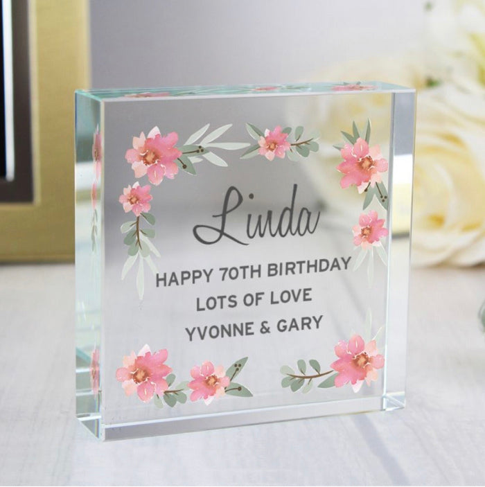 Personalised 70th Birthday Crystal Glass Gift Plaque - Floral