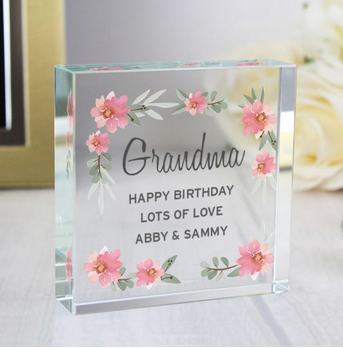 Personalised Grandma Crystal Glass Gift Plaque - Floral