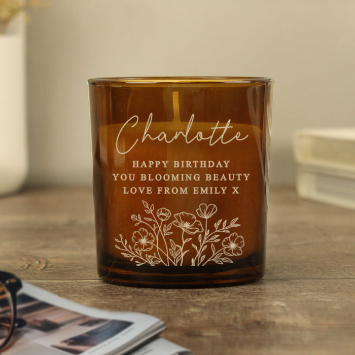Personalised Wild Flowers Birthday Amber Glass Candle
