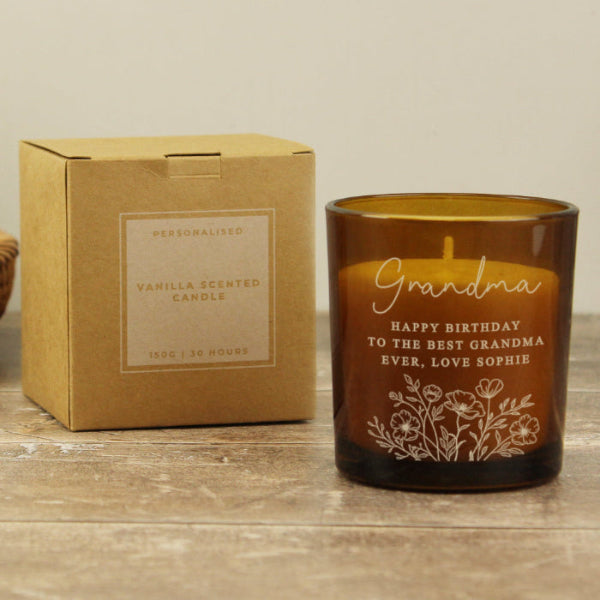 Personalised Wild Flowers Amber Glass Candle Birthday Gift