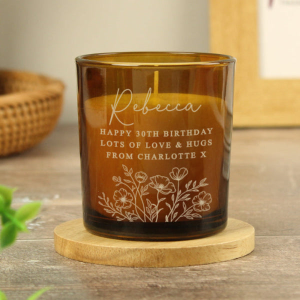 Personalised Wild Flowers Amber Glass Candle Birthday Gift