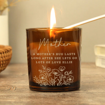 Personalised Wild Flowers Mothers Day Amber Glass Candle Gift