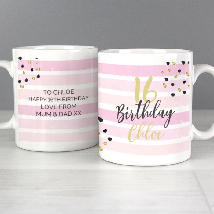 Personalised 16th Birthday Mug - Gold and Pink Stripe