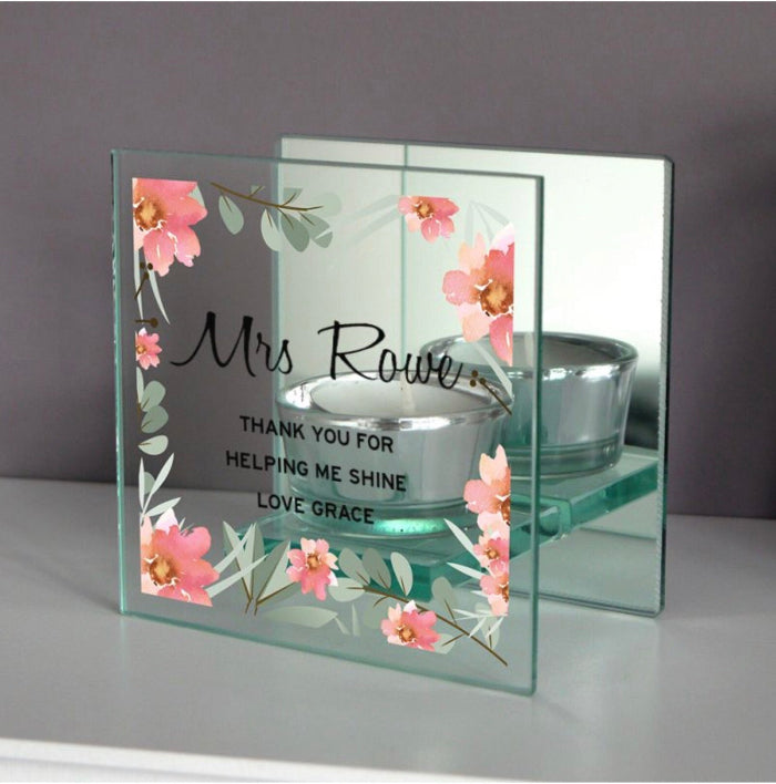 Personalised Floral Teacher Mirrored Glass Tea Light Candle Holder Gift