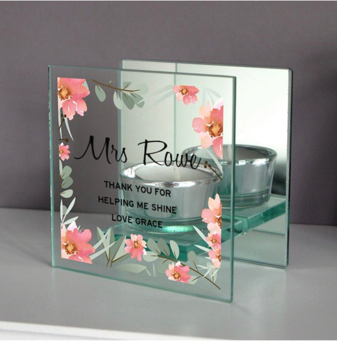 Personalised Floral Teacher Mirrored Glass Tea Light Candle Holder Gift