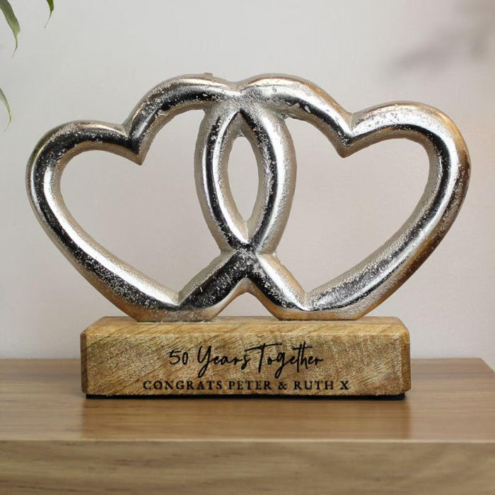 Personalised 50th Anniversary Double Heart Wooden Ornament Gift
