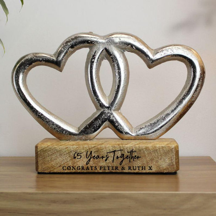 Personalised 65th Anniversary Double Heart Wooden Ornament Gift