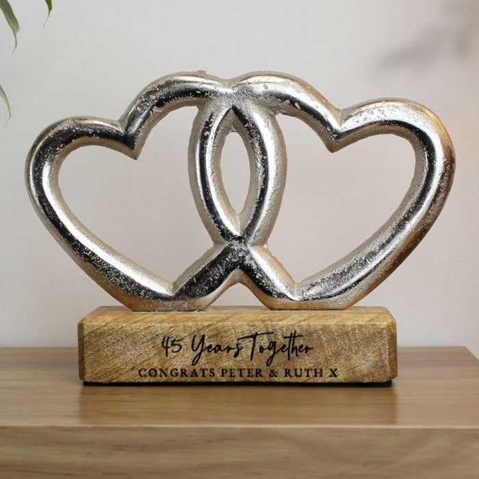 Personalised 45th Anniversary Double Heart Wooden Ornament Gift