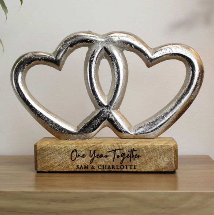 Personalised 1st Anniversary Double Heart Wooden Ornament Gift