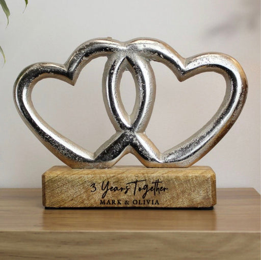 Personalised 3rd Anniversary Double Heart Wooden Ornament Gift