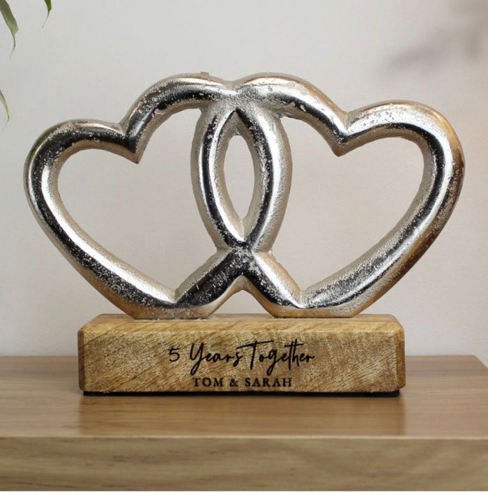 Personalised 5th Anniversary Double Heart Wooden Ornament Gift