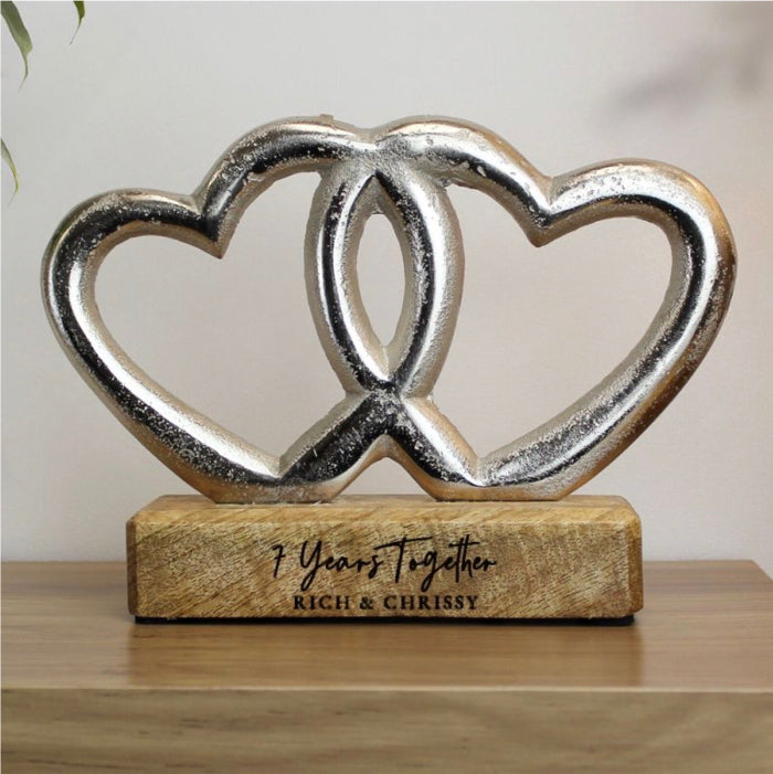 Personalised 7th Anniversary Double Heart Wooden Ornament Gift