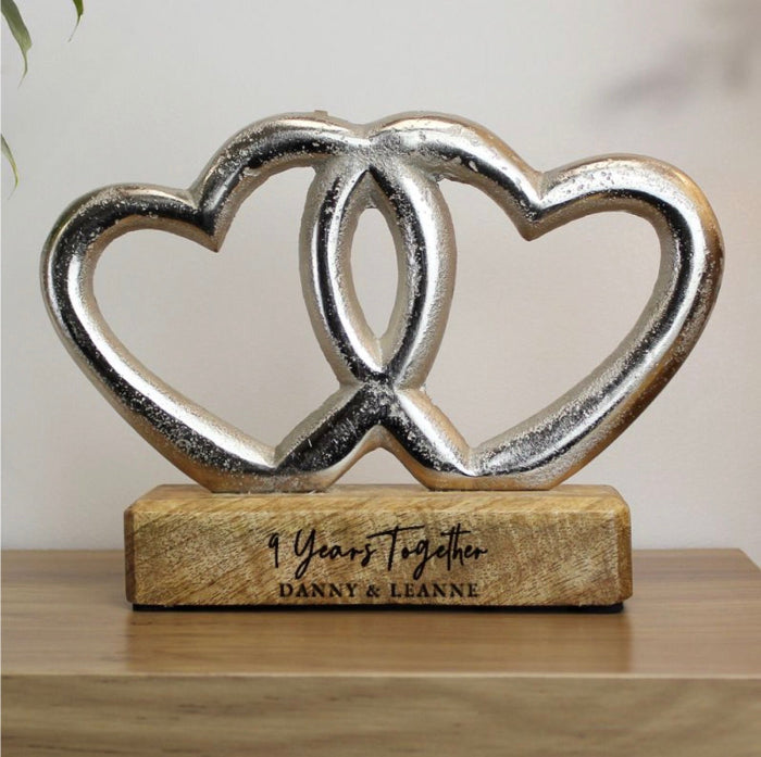 Personalised 9th Anniversary Double Heart Wooden Ornament Gift